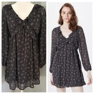 American Eagle Gray Floral Dress, Long Sleeve, Lined, Sheer, Romantic, Large